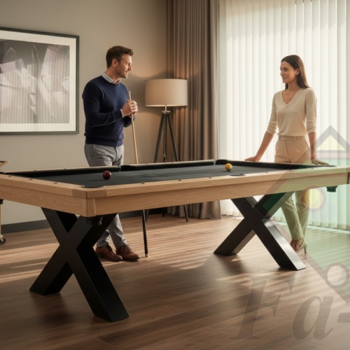 Designerski stół bilardowy z nogami w kształcie litery X w męskim gabinecie.