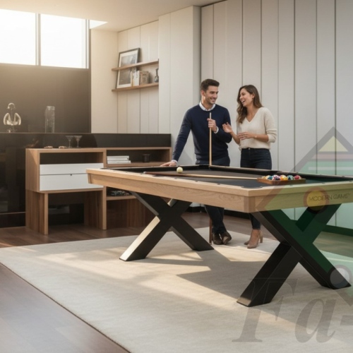 Ciężki i stabilny stół bilardowy loft produkcji Fa-Bil z płytą rozgrywającą.