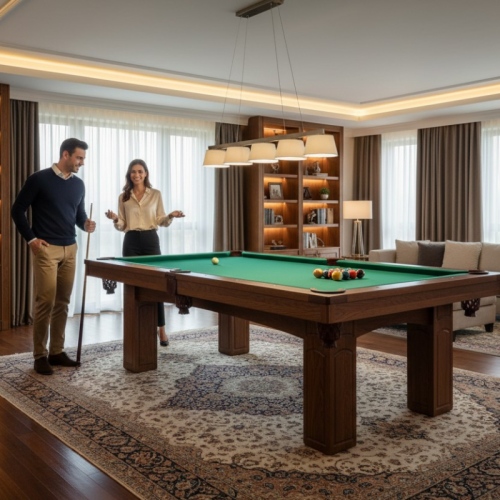 Stół bilardowy ALEX  detale wykończenia, lite drewno i skórzane kosze